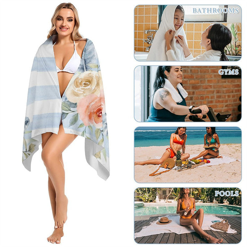 Boho Blue Floral Stripes Custom Name Beach Towel