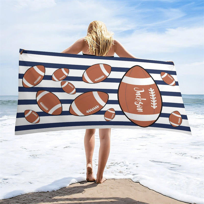 Custom Name Black White Stripe Rugby Men Beach Towel