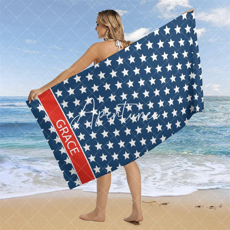 Custom Name Navy Blue Stars Beach Towel For Gifts