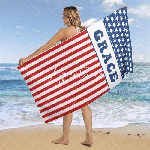 Custom Name Usa Flag Beach Towel For Holiday Gifts