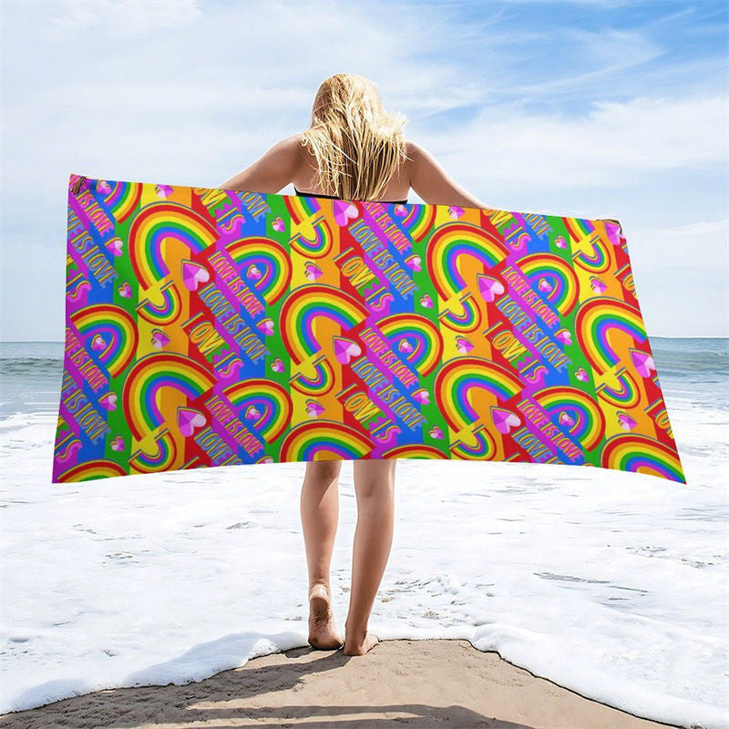 Love Is Love Colorful Rainbow Hearts Beach Towel
