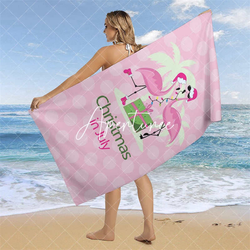 Pink Flamingo Summer Christmas In July Beach Towel