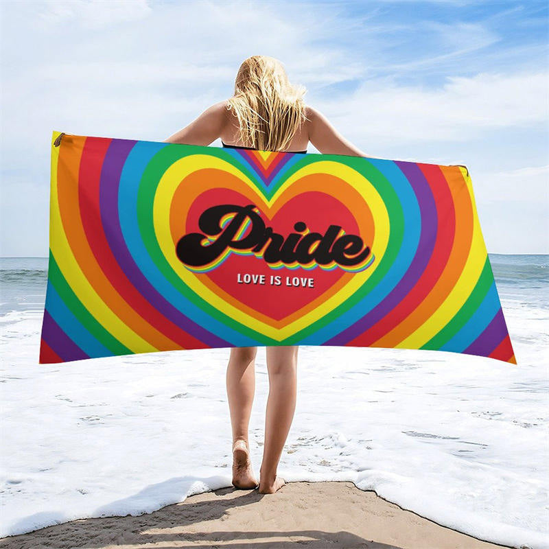 Rainbow Heart Love Is Love Pride Month Beach Towel