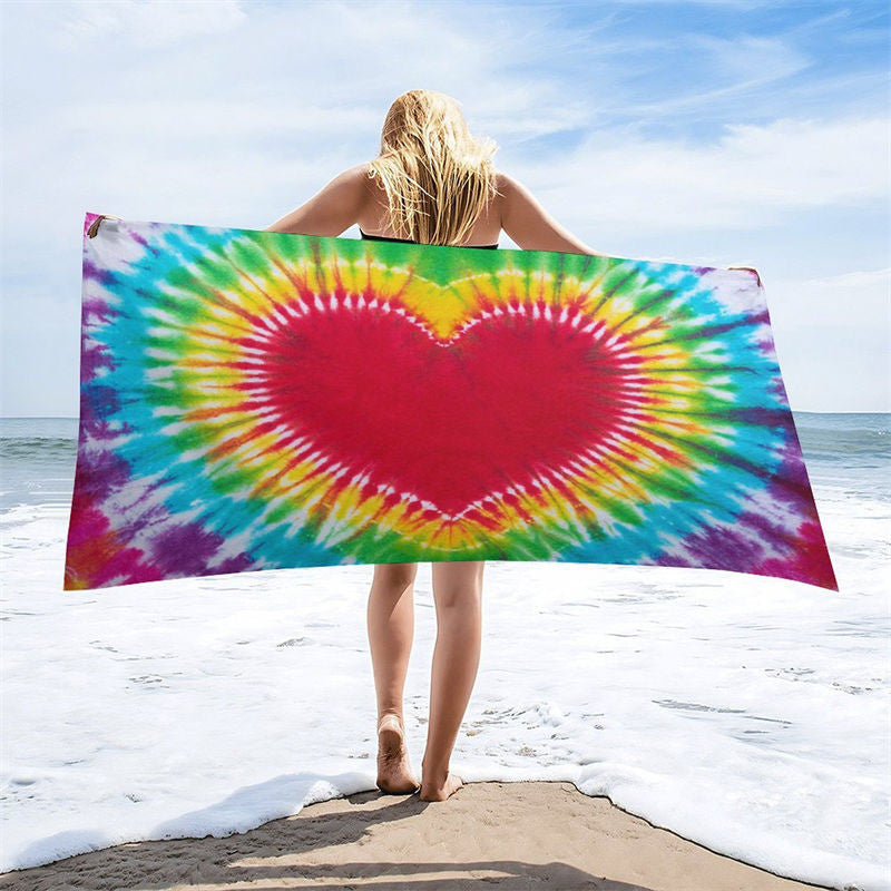 Vintage Colorful Heart Tie Dye Pattern Beach Towel
