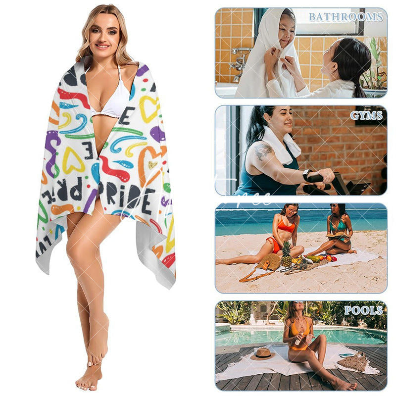 White Colorful Heart Rainbow Pride Month Beach Towel