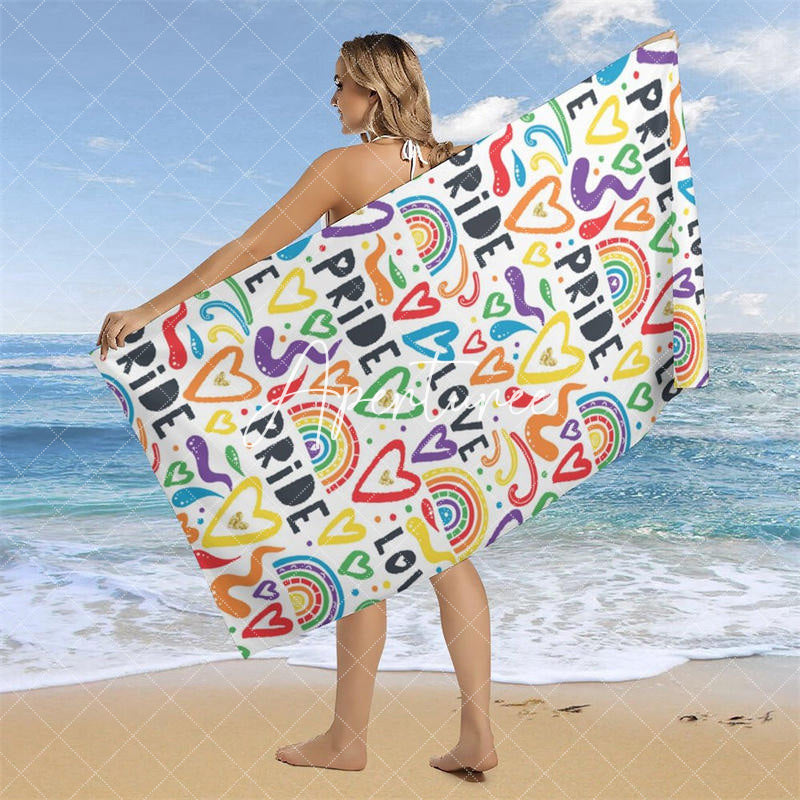 White Colorful Heart Rainbow Pride Month Beach Towel